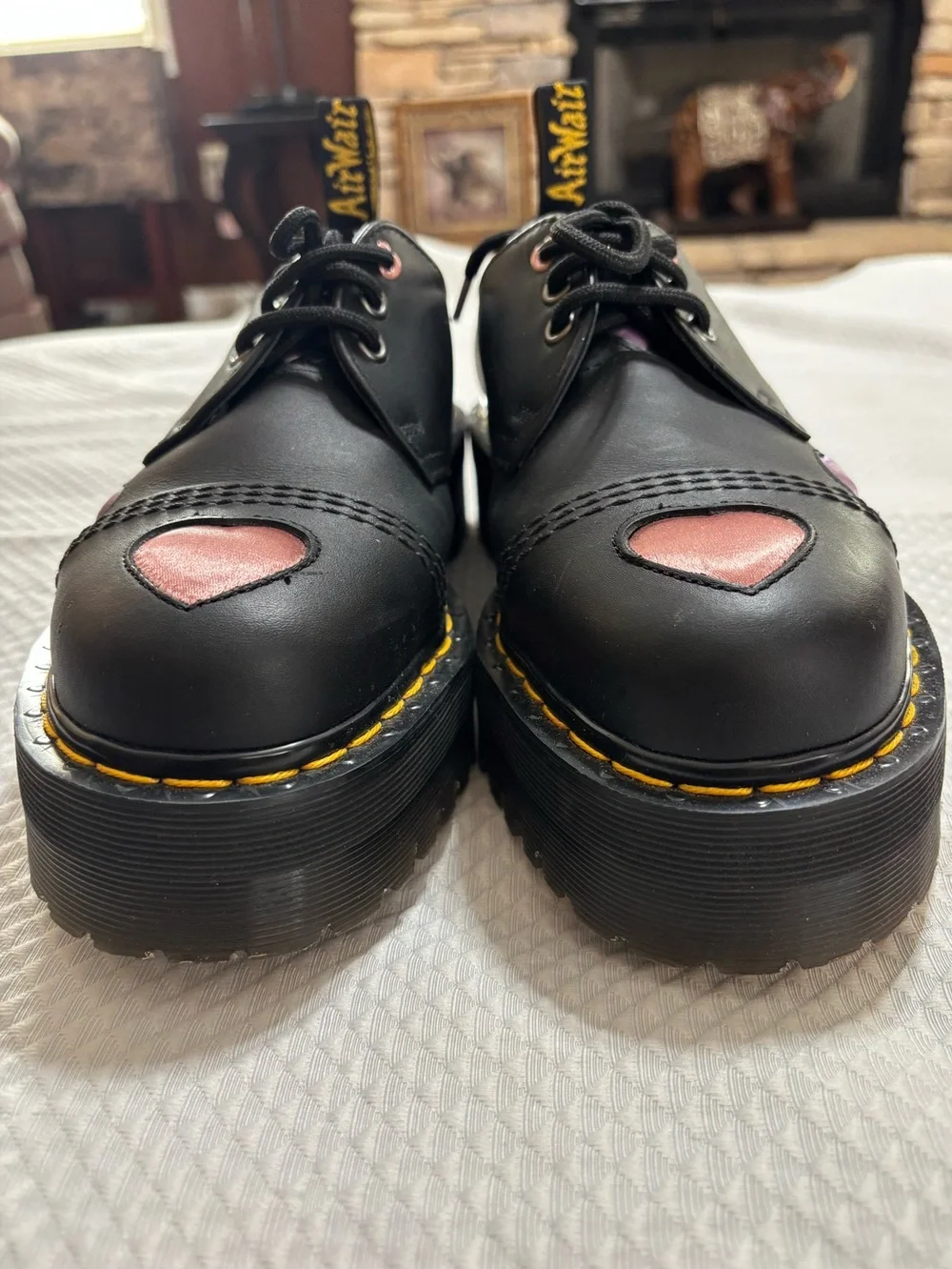 Dr. Martens Black Platform Shoes with Pink and Lilac Heart Accents